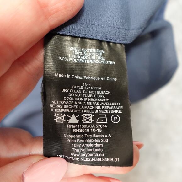 Tory Burch Top Womens 12 Silk Button Front Pintuck Chiffon Harbor Blue Long Slv - Picture 6 of 12